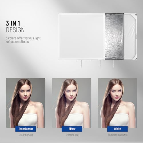 NEEWER Light Diffusion Panel Scrim Kit with Silver/White Reflector Film 30"x30" Foldable Frame with 5/8" Baby Pins Handle for C Stand 3 in 1 Diffuser for Studio Portrait Product Photography, SF7575F - size: 30"x30"