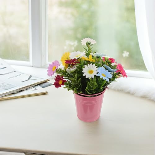 Angoily Faux Daisy Potted Plant Artificial Flower Bonsai Realistic Simulation Potted Flowers for Indoor Outdoor Home Decor Wedding Photography Prop with Pink Bucket and Mixed Random Color