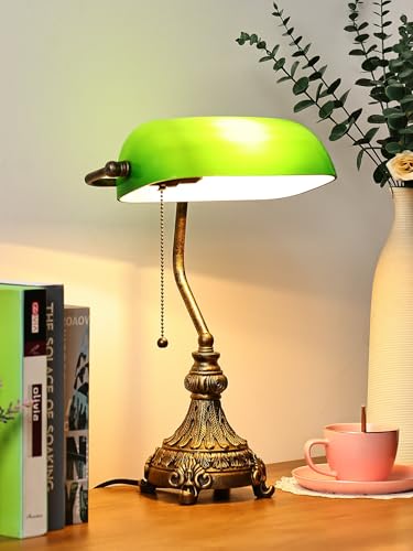Vintage Green Glass Bankers Desk Lamp for Home Office,Library with Pull Chain Switch Plug in Fixture, LED Bulb Included - color: Antique+Green2