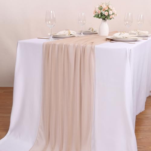 4 Pcs 10FT Champagne Chiffon Table Runners 30x120 Inches Sheer Tulle Boho Table Runner for Wedding Baby Bridal Shower Birthday Party Outdoor Decorations - color: Champagne, size: 10FT × 4pcs