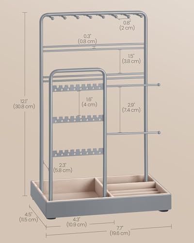 SONGMICS Necklace Holder, Jewelry Stand Holder Organizer, Jewelry Display with Metal Frame, Velvet Tray, Earring Bracelet Holder, for Gift Idea, 4.5 x 7.7 x 12.1 inch, Dove Gray UJJS021G01 - color: Dove Gray, size: 4.5"D x 7.7"W x 12.1"H