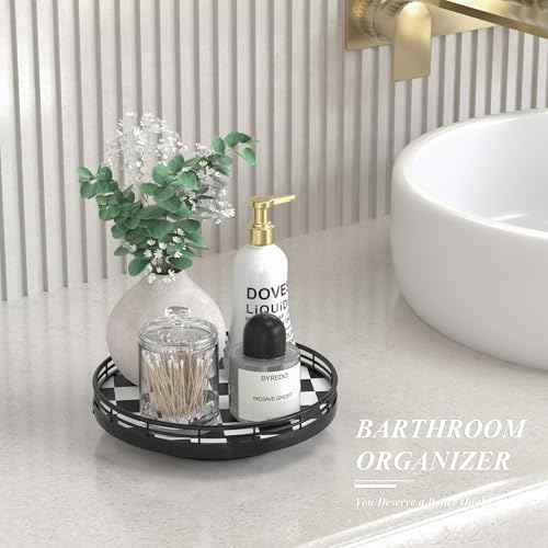 Black and White Kitchen Lazy Susan Turntable – Checkered Round Decorative Tray, 9" Table Top Oak Wood Lazy Susan for Cookies, Dining Table Organizer, Small Kitchen Table Centerpiece - color: Black & White, size: 9 inches
