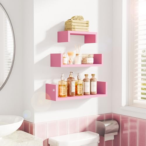 SRIWATANA Floating Shelves Wall Mounted, Solid Wood Wall Shelves, Pink - color: Pink