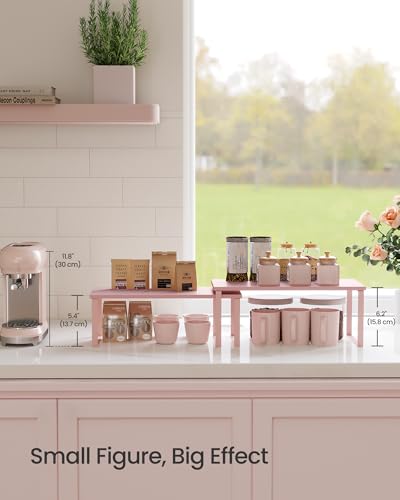 SONGMICS Cabinet Organizer Shelf, Set of 2 Kitchen Counter Shelves, Kitchen Storage, Spice Rack, Stackable, Expandable, Metal and Engineered Wood, Jelly Pink UKCS025S01 - color: Jelly Pink, size: 15.6"W