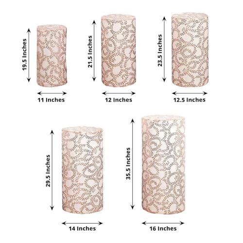 Efavormart Set of 5 Rose Gold Sequin Mesh Cylinder Display Box Stand Covers with Leaf Vine Embroidery, Sparkly Sheer Tulle Pedestal Pillar Prop Covers - color: Rose Gold, size: Sequin Mesh Cylinder Covers - Leaf Pattern