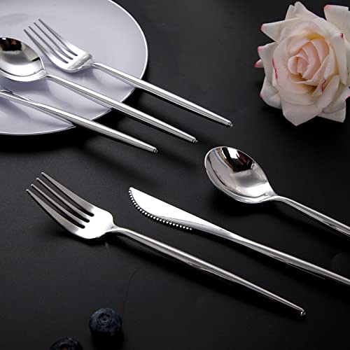 SUT 150Pcs Silver Plastic Silverware, Silver Disposable Cutlery, Heavy Duty Disposable Silverware, Plastic Utensils Include 50 Plastic Forks, 50 Plastic Spoons, 50 Plastic Knives - style: Silver