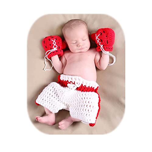 Newborn Photography Props Boys Girls Outfits Baby Photo Props Crochet Knitted Boxing Champion Gloves & Pants - color: White
