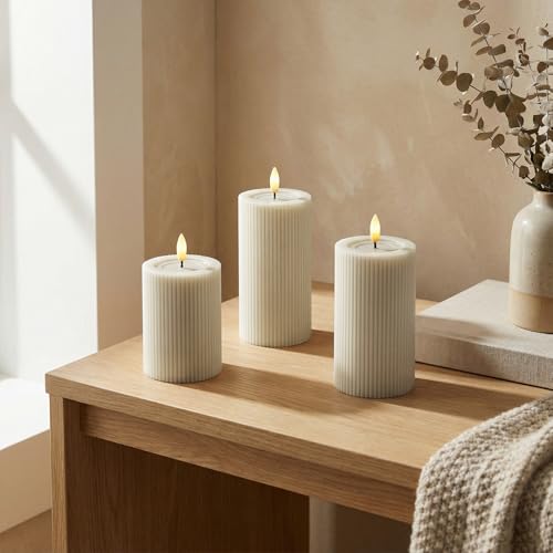 Fluted Ribbed LED Pillar Candles, Cream Beige, with Realistic Reflective Melted-Wax Effect – Flickering Flame, Remote, Dimmable, Flameless, Battery Operated, Home & Wedding Decor (Set of 3) - color: Cream Beige