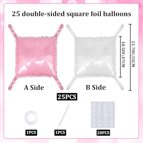 square aluminum foil Balloon Wall Backdrop, 25 pieces White and pink double-sided Balloon Arch Kit, suitable for theme parties, weddings, anniversaries and other celebration decorations - color: White.pink