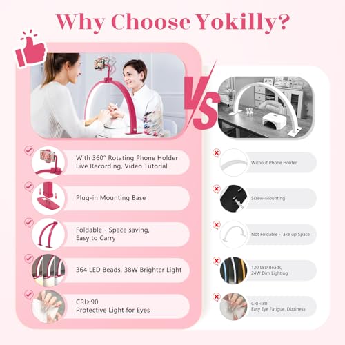 Yokilly Half Moon Light for Nail Desk: 29" Foldable Half Moon Desk Lamp with Phone Holder for Beginner - Arch Nail Tech Light with 3 Color Modes & 10 Brightness for Manicure Salon (Rose Red, Large) - color: Rose Red, size: Large