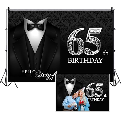 5x3ft Happy 65th Birthday Backdrop Gentleman Black Tuxedo Suit Necktie Hello Sixty Five Photography Background for Men Father Grandpa Birthday Party Decorations Cake Table Banner Vinyl - color: black silver 65, size: 5x3ft