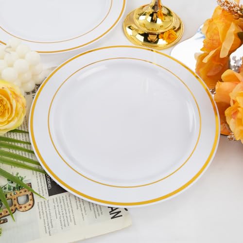 bUCLA 30PCS White and Gold Plastic Dinner Plates Disposable - 10.25inch Premium White Gold Rim Plates, Ideal for Wedding & Party - color: 10.25Inch-30pcs-Gold
