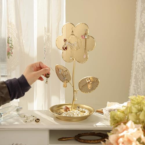 NIKKY HOME Floral Shape Earring Holder Hanging Organizer Stand Metal Jewelry Tree Table Top Ear Stud Holder Tower Rack with Ring Tray for Girls, Gold