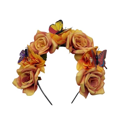 Elegant Butterfly Flower Headband for Women Boho Handmade Rose Floral Crown Wedding Bridal Festivals Cosplay Prom Photo Props Headpiece (A3 yellow, Adjustable) - color: A3 yellow