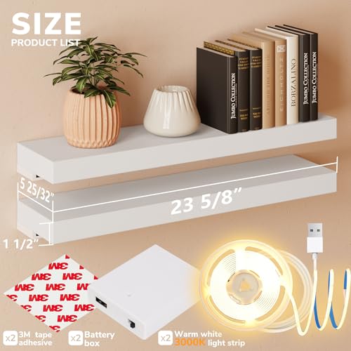 BAMEOS Floating Shelves with LED for Wall Decor, Sturdy Shelves with Warm Light, Wall Mounted Display Shelves, Set of 2, Hanging Shelf for Bathroom, Bedroom, Kitchen, Living Room Storage, White - color: White-cob, size: 24 x 6