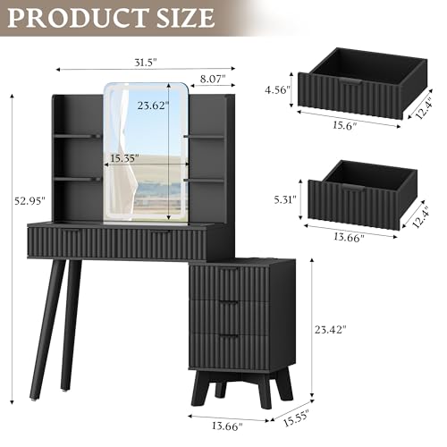 Vanity Desk With HD Lighted Mirror and Lights, Fluted Small Makeup Vanity with Storage Drawers & Shelves, Modern Dressing Table Set with Power Outlet & Glass Table Top for Women Girls Bedroom, Black - color: Black, size: 5 Drawers