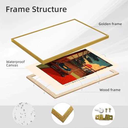 Framed Japanese Sunset Vinyl Record Poster Canvas Print Vintage Minimalist Aesthetic Wall Art for Living Room Decoration, Exquisite Wall Decor Painting Pictures Home Decor for Bedroom or Office (12L"x16W",Gold Framed) - size: 12l"x16w"