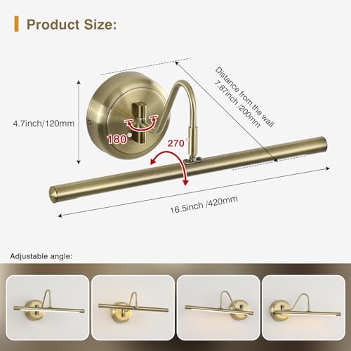 JOOSENLUX Modern LED Picture Lights Fixtures,Art Decor Metal Artwork Mini Accent Spotlights 16.54" Inch,7W(45W Eqv.),Natural White 3000K,Hardwire Swing Arm, Antique Bronze Finish - color: Hard-Wired Antique Bronze, size: Dimmable 16.5 inch