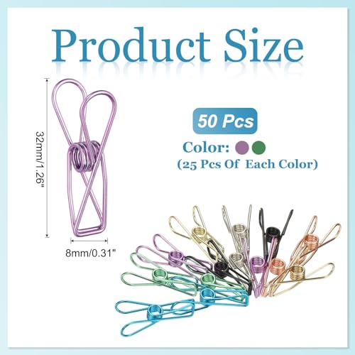 PATIKIL 50Pcs Paper Office Binder Clips, 1.26" Small Metal Wire Hollow Out Paper Clamps Long Tail Binder Clips for Photo Clothes Hanging Office Home Kitchen Food Package, Green/Purple - color: Green/Purple