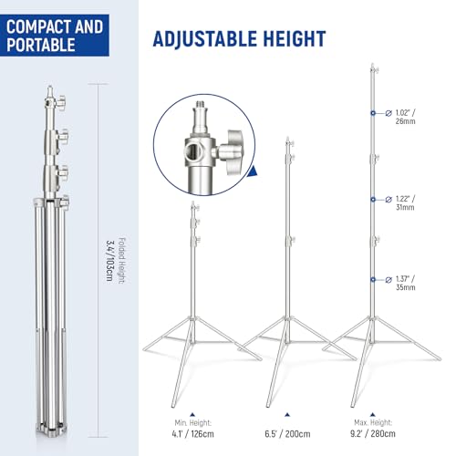 NEEWER 2Pcs 9.2ft Stainless Steel Light Stands, Spring Cushioned Heavy Duty Photography Tripod Stand with 1/4"-3/8" Adapter for Strobe Video Ring Light Monolight Softbox, 22lb Max Load, ST-280SS - style: 280cm/2-Pack