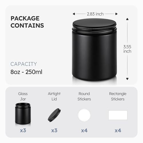 Tecohouse 8oz Black Glass Jars with Lids, 3 Pack Candle Jars with Blank Labels, 250g Wide Mouth | Lotion Container for Sample, Cream, Lotion, Honey, Powder, Jelly | Home & Beauty - color: Black-Black Lids