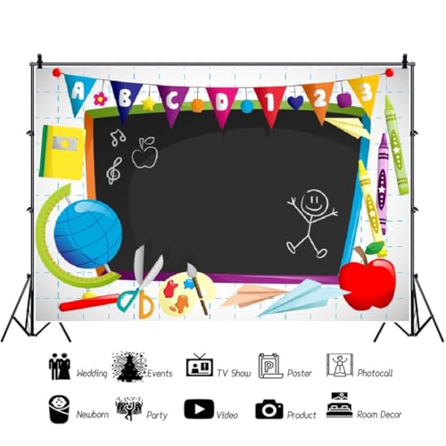 Leyiyi 9x6ft Vinyl Photography Background Welcome to Kindergarten Backdrop Cartoon ABC Letters Black Blackboard Watercolor Pen Paper Airplane Globe Back to School Themed Party Backdrops Banner - color: Black, size: 9x6ft-Vinyl
