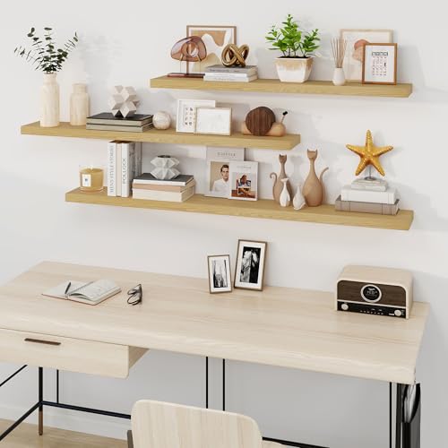 Fun Memories 66 Inch Fireplace Mantel - Long Floating Shelf, Wall Mounted Farmhouse Display with Invisible Heavy Duty Metal Bracket, Oak, 2 Pack - color: Oak, size: 67"W x 6.5"D
