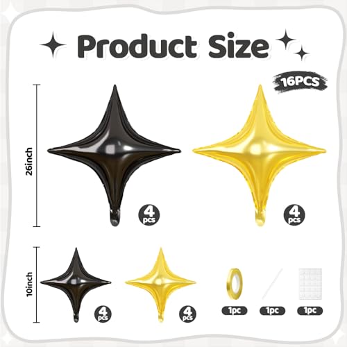 Black Gold Star Balloons, 16 PCS Black Four Angle Star Foil Balloons, 26 Inch and 10 Inch Gold Stars Shaped Balloon for Graduation Birthday Baby Shower Anniversary Retirement New Year Party Decor - color: Black Gold