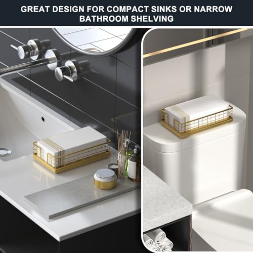 Wican Guest Towel Holder Tray for Bathroom, Oak and Iron Napkins Holder for Powder Room Dinning Table Wooden Basket for Disposable Paper Hand Towels Totally Gold - color: Totally Gold, size: 9.06 x 5.51 x 2.56 inchs