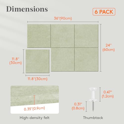 Lifewit 36"x 24" Felt Bulletin Board with Self-Adhesive, 6 Pack Cork Board Alternative for Walls, Large Pin Board Vision Board Message Board with 30 Pushpins for Office Decor, Room Decor, Sage - color: Sage, size: Square Stripe 6-pack