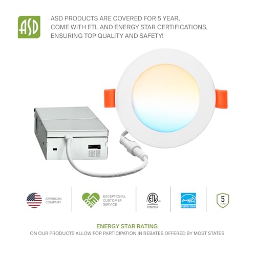 ASD 6 Pack LED Recessed Lighting 4 Inch 12W, 5 CCT 2700K-5000K CRI90+, IC Rated Ultra Thin Dimmable Ceiling Lights with J Box, Canless Wafer Downlight, Round Slim Panel Light, Energy Star ETL, White - color: White, size: 4 Inch 6 Pack