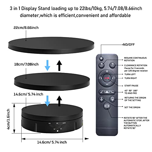 JAYEGT 3 in1 Motorized Rotating Display Stand with 5.74 /7.08/ 8.66 inch Replacement Cover,Max 22lbs Load,360 Electronic Turntable for Photography Products (3 in1 / Black/ With Remote controller) - color: Black