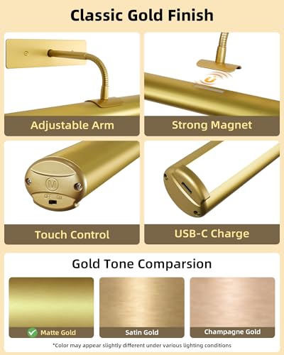 EZVALO Picture Lights for Wall, 16" Rechargeable 6000mAh Painting Lights with Remote, Wireless Dimmable 3 Color Temps Art Lights for Gallery, Living Room, Hallway (Gold, 2Pack) - color: Gold, size: 16inch