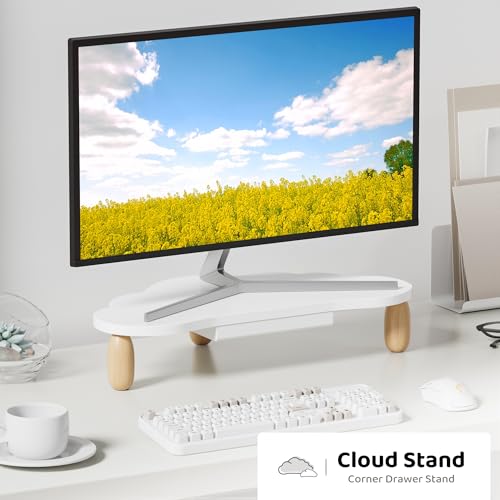AFOOYO Monitor Stand Riser,Cloud-Shaped Sturdy Wood 16.5In Computer Monitor Riser Wirh Drawer, Multi-Purpose Desktop Organizer Riser for Computer,Laptop,Printer,TV,White - color: White, size: Wirh Drawer