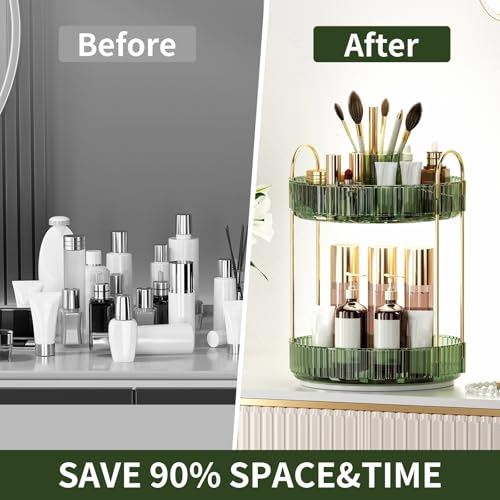 360° Rotating Makeup Organizer, Large-Capacity Skincare Make Up Storage 2 Tier Perfume Organizers Cosmetic Dresser Organizer with Makeup Brush Holder, Fits Bedroom, Bathroom, Vanity Shelf Countertop - color: Gem Green, size: 2 Tier
