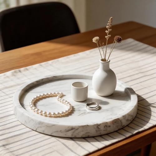 Natural Marble Decorative Tray for Bathroom Bedroom Kitchen Dresser, Round Vanity Trays for Jewelry, Perfume, Cosmetic, Candle, Countertop Storage Organizer for Home Decor Color White (TP601) - color: Natural White, size: 9.4"