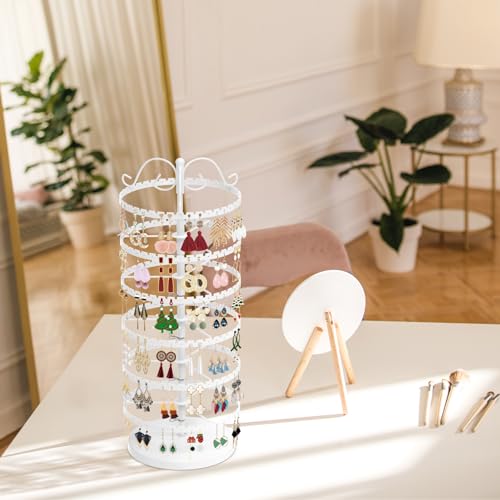 MODOWEY 6 Tier Rotating Earring Holder Organizer Stand, Adjustable Metal Display Tree Rack for Women, 480 Hole and Groove Large Storage for Pierced Stud Dangle Hoop, Compact for Small Dresser, White - color: White, size: 6-Tier