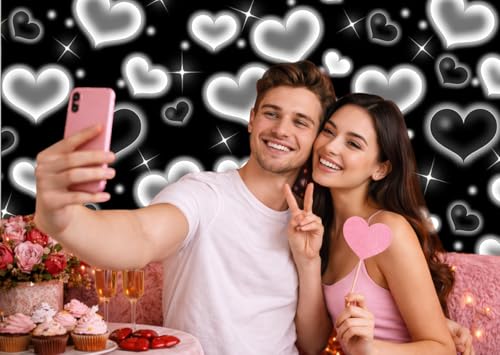 7X5ft Black White Heart Backdrop Aesthetic Love Photography Background Cute Hearts Pattern Photo Booth Banner for Valentine's Day Birthday Party Room Decoration - size: Black