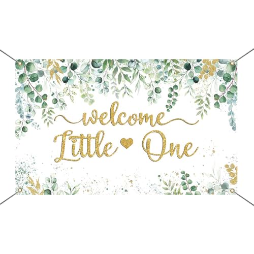 Mocsicka Greenery Baby Shower Banner - Welcome Little One Neutral Baby Shower Decorations Background, Eucalyptus Greenery Leaves Boy Girl Party Photo Props