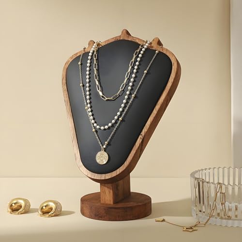 Walnut Color Body Wood Necklace Display Stand with Black Leather Soft Mat Necklace Holder Organizer Desktop Stand for Home Store Dresser-3.3"x5.8"x8.4" - color: Walnut-Black, size: 3.3"x5.8"x8.4"