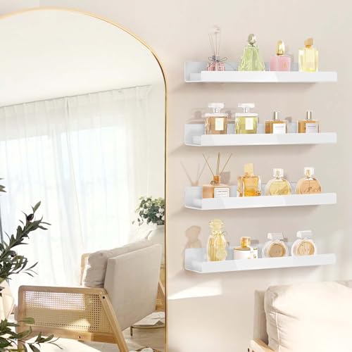 4 Pack 15 Inch Whtie Acrylic Shelves, Kids Floating Bookshelf for Kids Room, Modern Nail Polish Rack Sunglasses Essential Oil Picture Ledge Display Toy Storage Wall Shelf - color: 15in-whtie