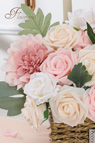 Floweroyal Artificial Pink Flowers Fake Rose Flowers Dahlia with Stems for DIY Wedding Bridal Bouquets, Baby Shower, Floral Arrangement, Table Centerpieces, Home Decorations. - color: Pink-1
