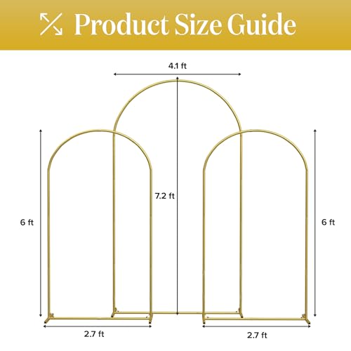 Metal Arch Backdrop Stand and Cover Set – 3 Gold Frames (7.2ft, 6ft x2) with White Wrinkle-Free Spandex Covers, Water Weights, Bags & Case – Wedding, Birthday, Baby Shower, Party Decor