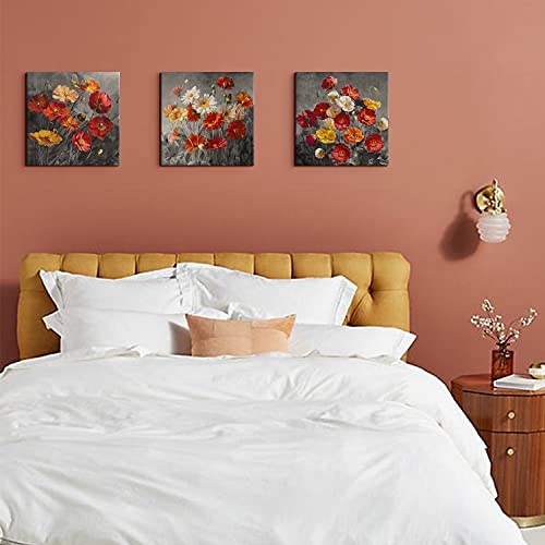 Red Burnt Orange Poppy Daisy Wall Art Canvas Prints Black and White Flower Pictures for Bedroom Vintage Nature Floral Posters Bathroom Decor Retro Wildflower Artwork Office Home Decoration 16x16” 3P - color: Daisiy Flower, size: 16"l X 16"w