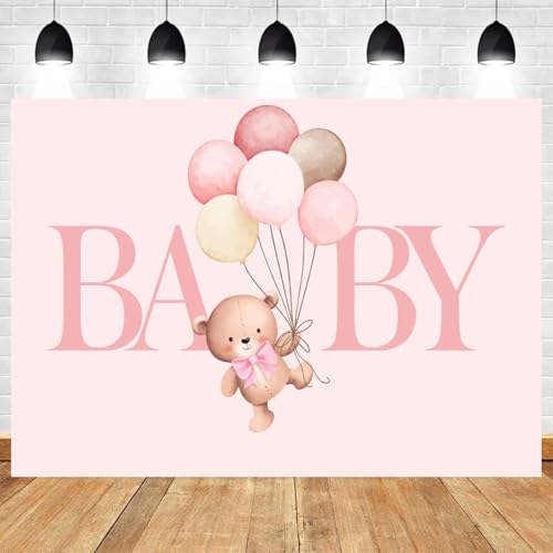 5x4ft Baby Backdrop Pink Bear with Balloons for Baby Shower Newborn Photoshoot 1st Birthday Party Decoration Photo Booth Prop for Girls Watercolor Style Background for Cake Table Decoration - color: Color 10, size: 5x4ft