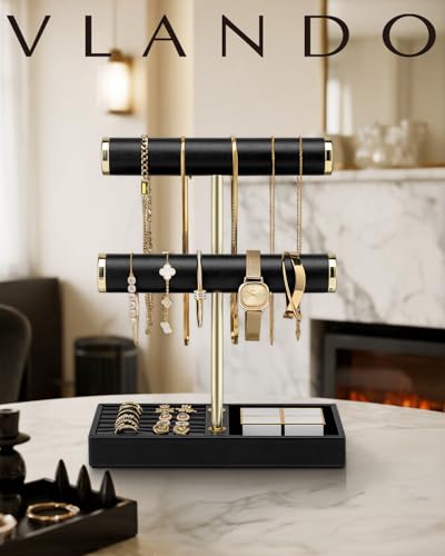 VLANDO 2 Tier Bracelet Holder Organizer with Tray - Leather Jewelry Stand Organizer for Women - Jewelry Holder Display for Necklace, Watches, Rings, Earrings, Bangle, Scrunchie - Black - color: C. Black, size: 2 Tier