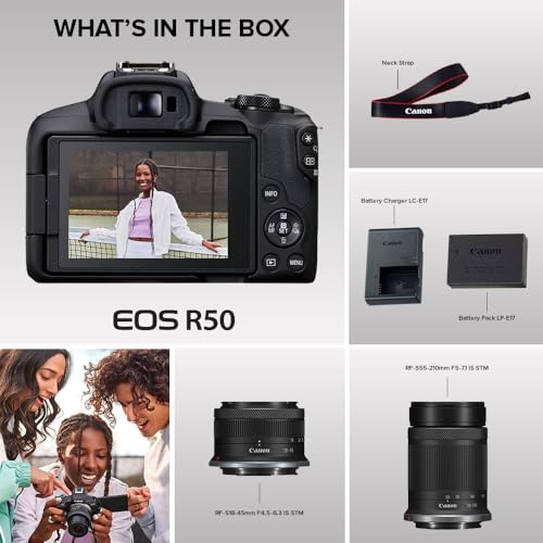 Canon EOS R50 Mirrorless Camera with RF-S18-45mm F4.5-6.3 is STM & RF-S55-210mm F5-7.1 is STM Lenses, 24.2 Megapixel CMOS (APS-C) Sensor, 4K Video, Content Creator Vlogging Camera, RF Mount, Black - color: Black, style: EOS R50 w/RF-S18-45mm + RF-S55-210m