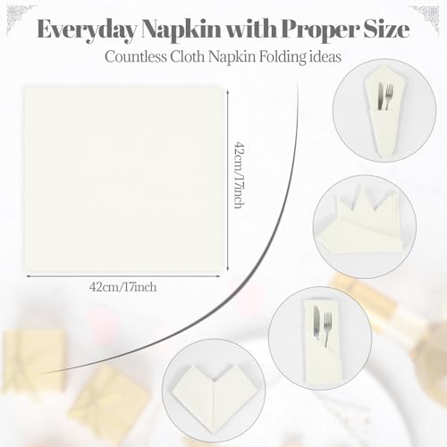 PLOYMONO Ivory Heavy Duty Cloth Napkins - 17 x 17 Inch Solid Washable Polyester Dinner Napkins - Set of 8 Napkins with Hemmed Edges - Great for Weddings, Parties, Banquets Dinner & More - color: Ivory
