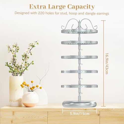 Modowey Rotating Earring Holder Organizer Stand, 5 Tier Metal Tree Display for Women Vendors, 220 Hole Adjustable Jewelry rack for Stud Hoop Dangle Storage, Trendy Carousel Keeps Dresser Neat, Silvery - color: Silvery, size: 5 Tier, 220 Holes