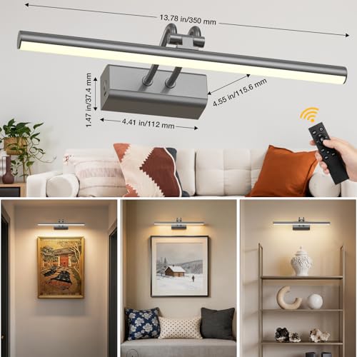 Battery Operated Picture Light for Wall, 4000mAh Cordless Wall Lamp for Painting Photo Artwork , Remote Control, Magnetic for Easy to Charge,Timers, 13.8'' Display for Gallery Living Room Bedroom Grey - color: Gray, size: 13.8Inch